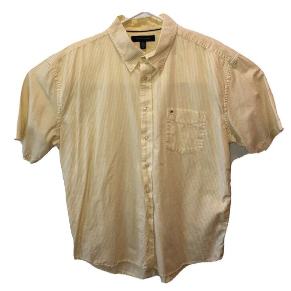 Tommy Hilfiger Mens Extra Large Yellow Striped Short Sleeve Button Down Shirt XL - Picture 1 of 8